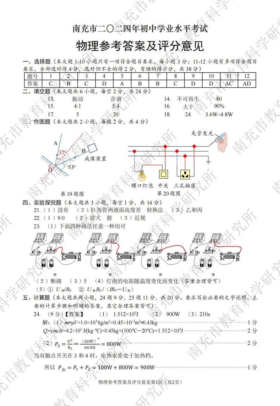 2024年南充市初中學(xué)業(yè)水平考試各科試題及參考答案